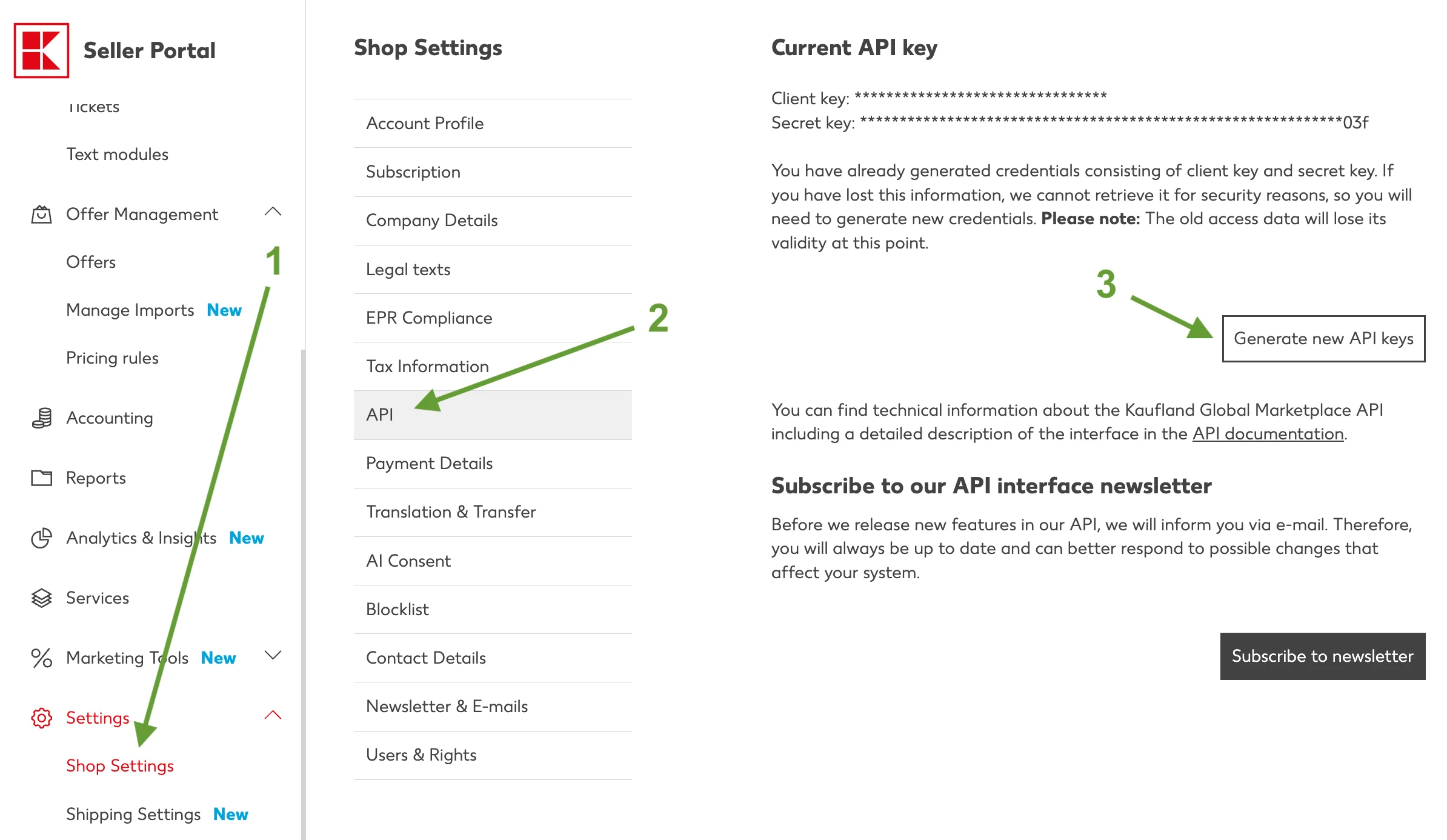 Kaufland Seller Portal API settings example